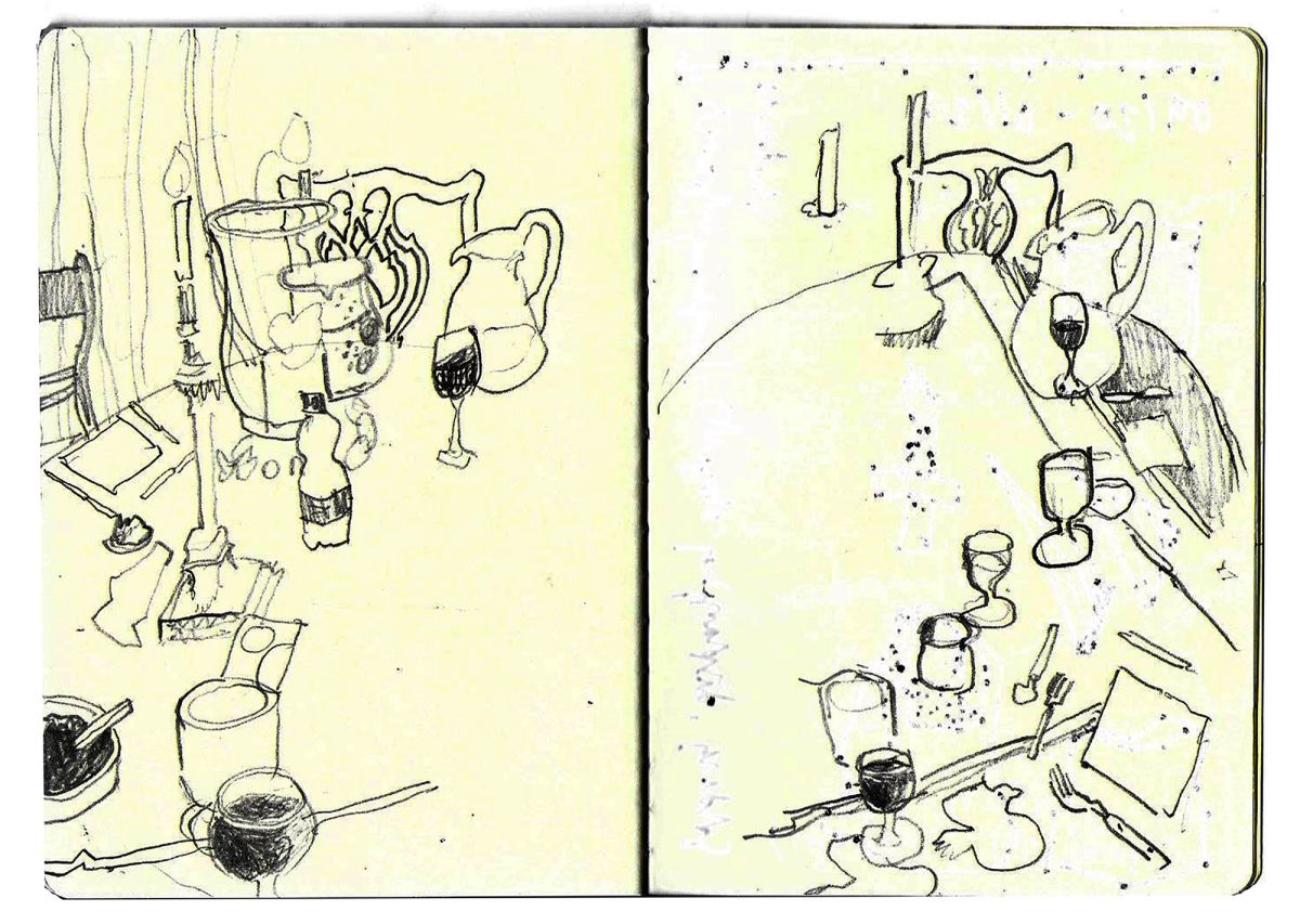 Guests Leaving. Pencil on cartridge paper, 14.81 x 21.01cm