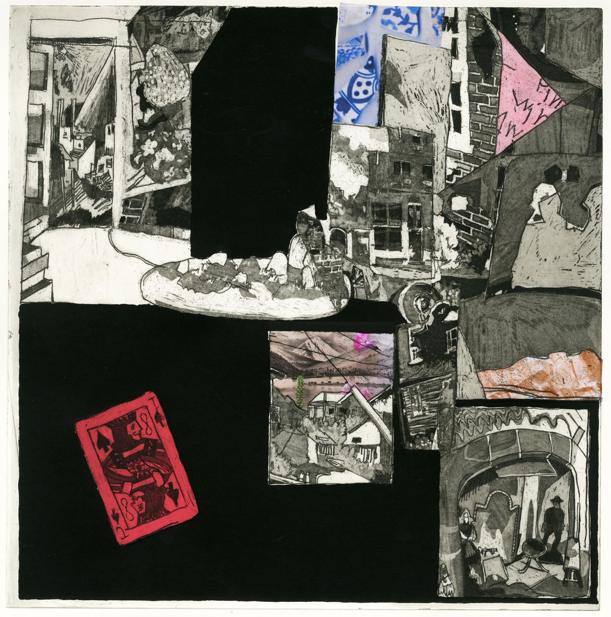 Fridge Magpie. Etching and Aquatint on copper plate and screen print printed on Fabriano paper, 52 x 50cm
