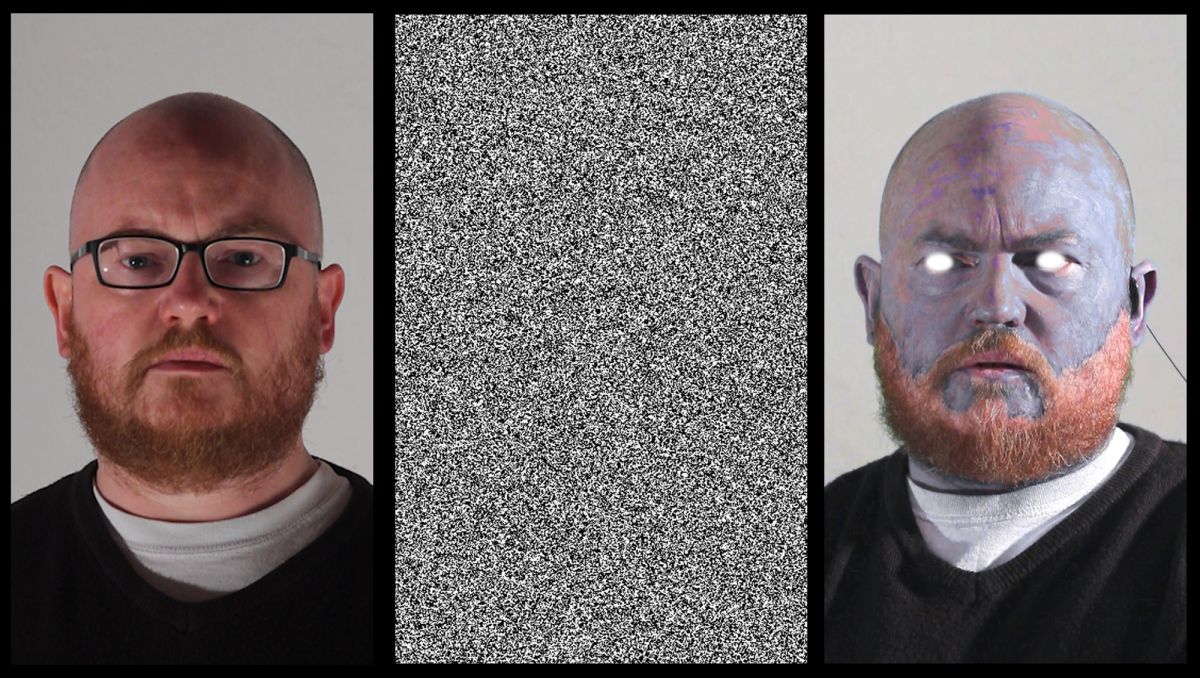 This is an image of an altercation taking place between the human who invented the religion ‘The Grey Temple’ and artificial intelligence that is trying to disprove the human's capabilities of communicating with a deity through the internet