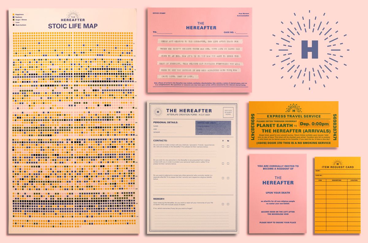 The Hereafter Welcome Kit – A collection of graphic ephemera to welcome the recently deceased to the Hereafter (letterpress, risograph and digital print)