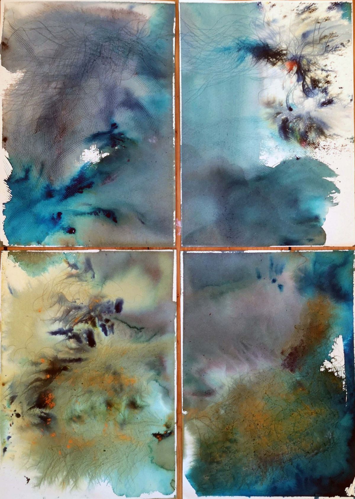 'Upwards, Onwards', Quadriptych, fabric dye on paper, 4 x A5