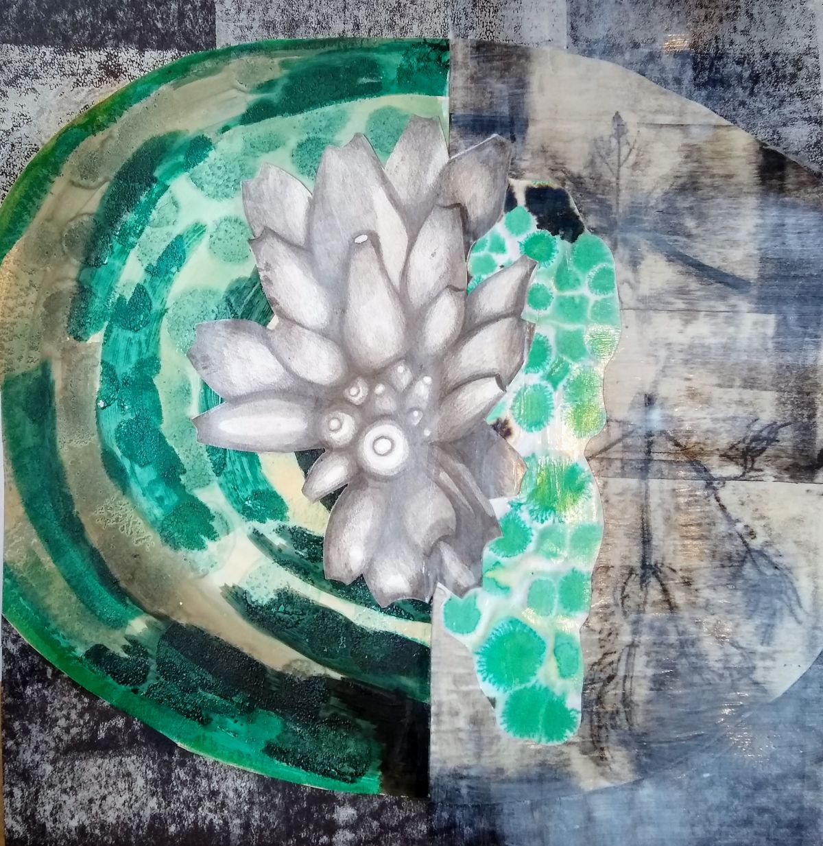 'Spreading', Indian ink, modelling paste, monoprint, graphite, 35cm x 37cm
