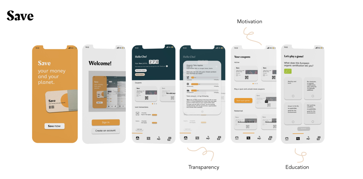 'Save' app - status update over collected points and transparency over CO2 emissions that are caused by the bought products, as well as, access to discount coupons.