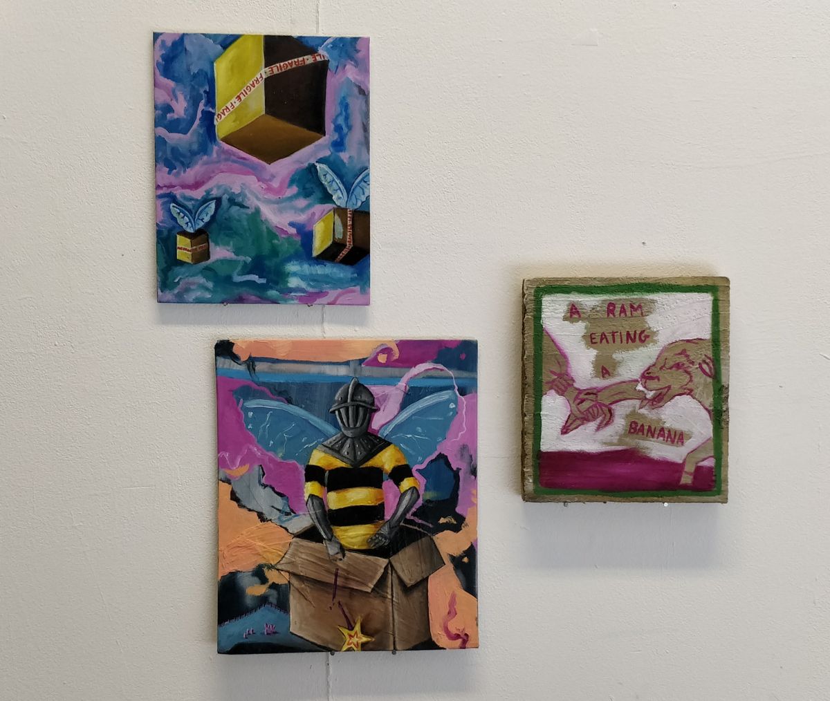 Left to right: How a Bee Flies. Oil on panel, 20 x 25 cm; Fragility. Oil on panel, 25 x 30cm; A Ram Eating a Banana. Oil on wood, 20 x 22.5 x 2cm