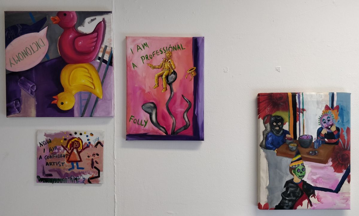 Loud Disgruntling. Mixed media wall installation. Left to right: The Dictonomy of Ducks. Oil on stretched canvas, 40 x 40 x 2cm; A Retaliation Painting. Oil on primed board, 20 x 25cm; Professional Folly. Oil on stretched canvas, 40 x 30 x 2cm; Do You Like my Children? Oil on stretched window blind, 45 x 35 x 2cm