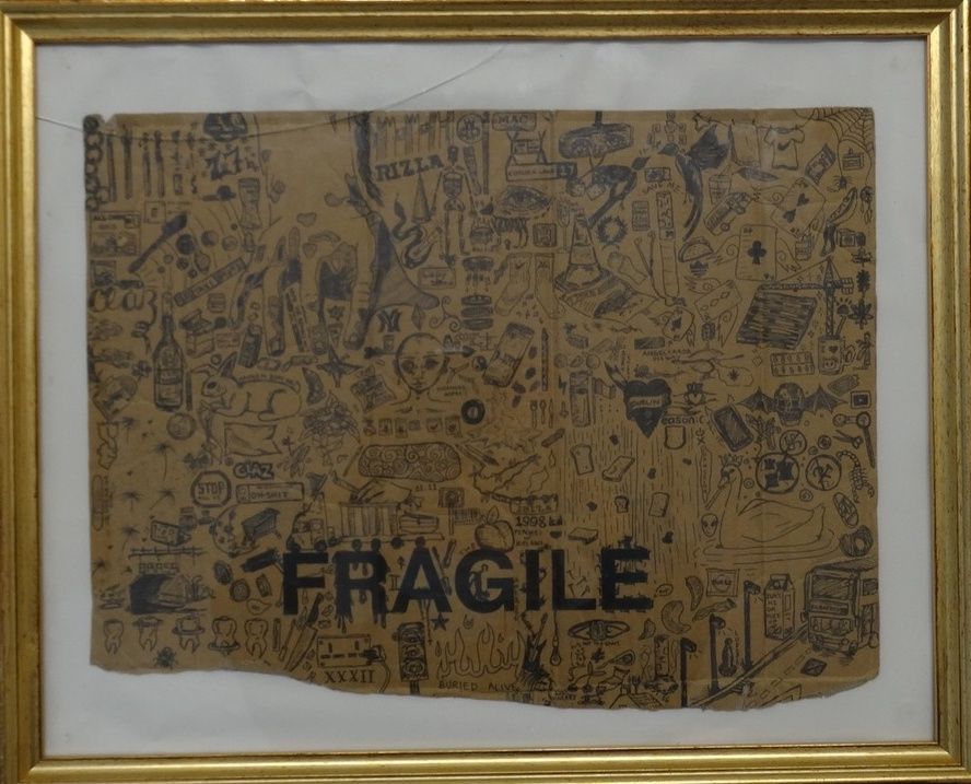 'Fragile' is a map made of a collection of drawings put together on a found piece of cardboard. It showcases a thought process of reflecting and responding to things I encounter and situations I find myself in on a regular basis