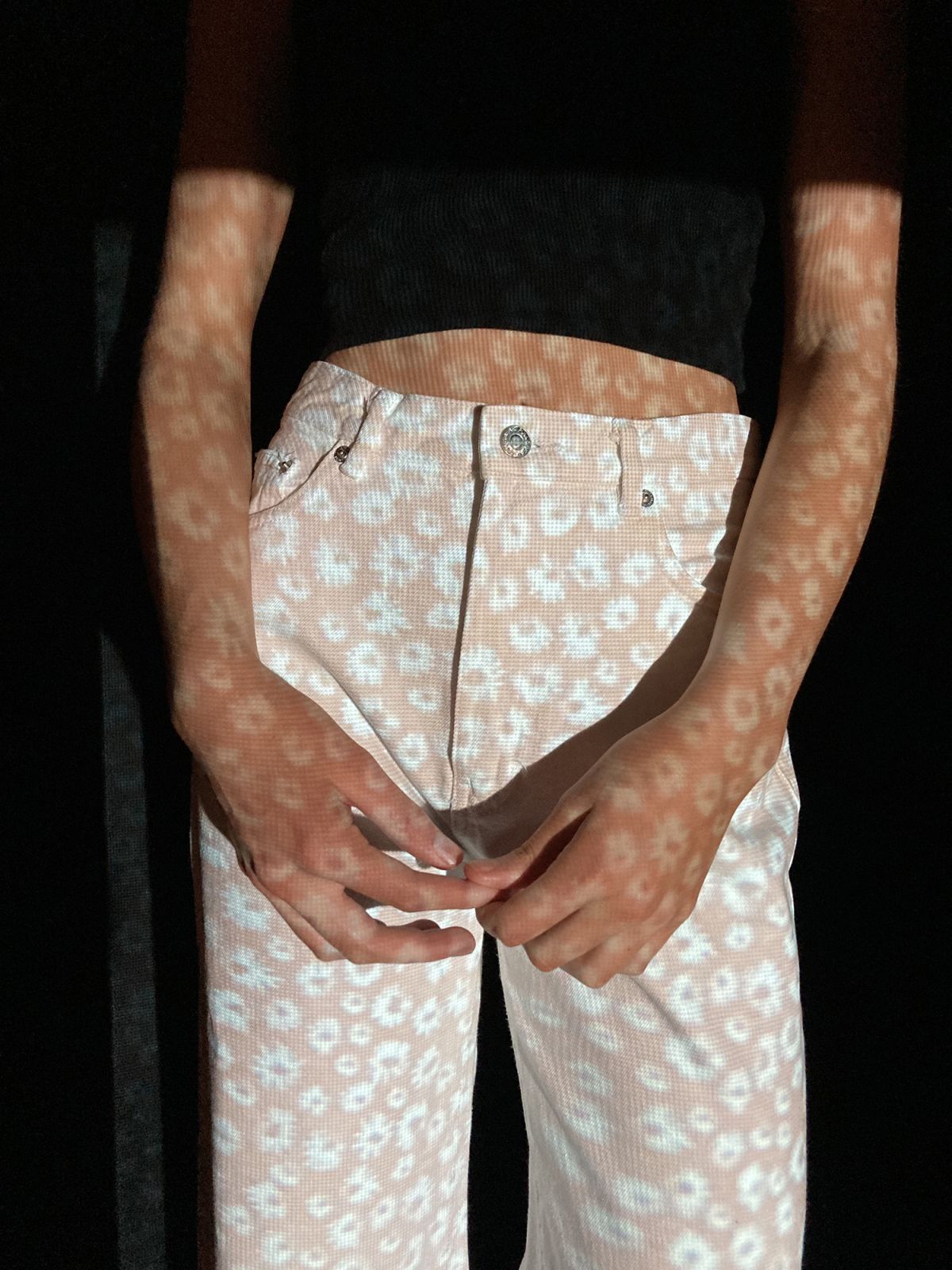 Lost in the Light, pigment print on organic cotton/hemp denim in context on the body