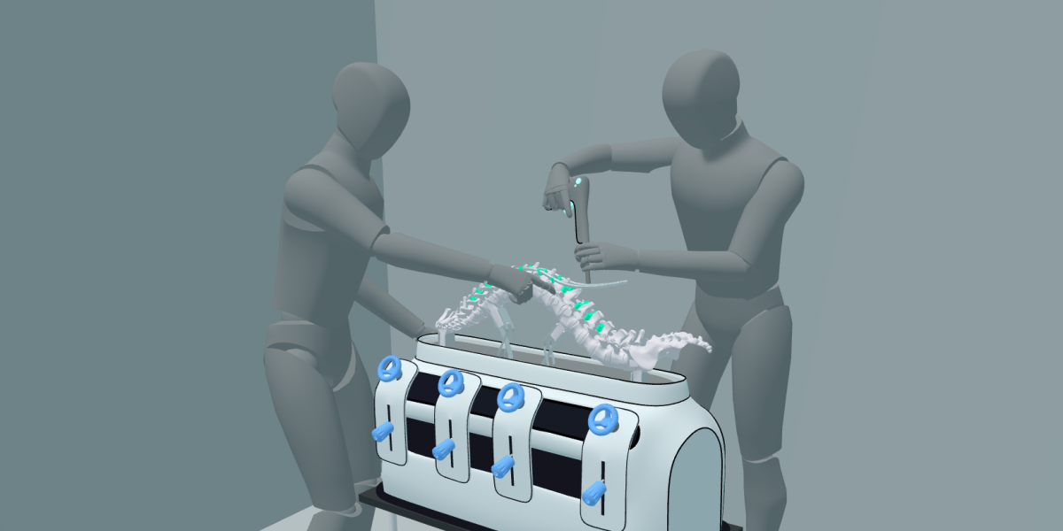 Surgeons manipulating the spine back into place working against the tension in the system