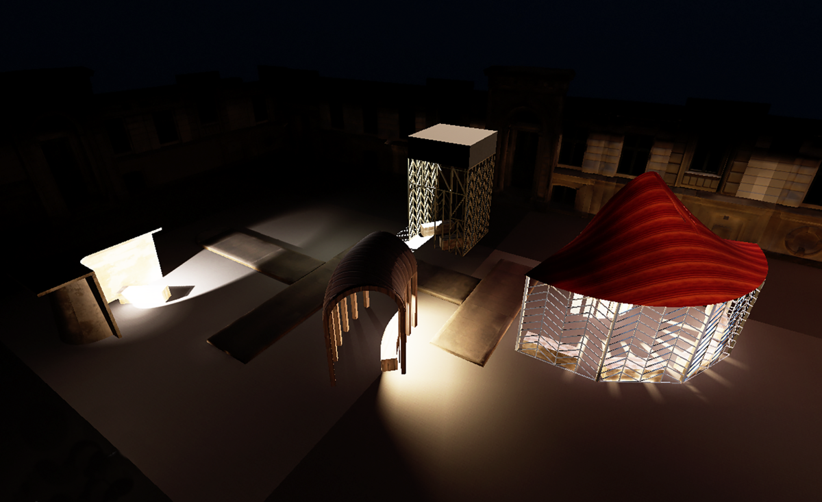 Bird's-eye view of my user testing VR environment, here a number of early iterations can be seen. Unreal Engine, Oculus Quest 2
