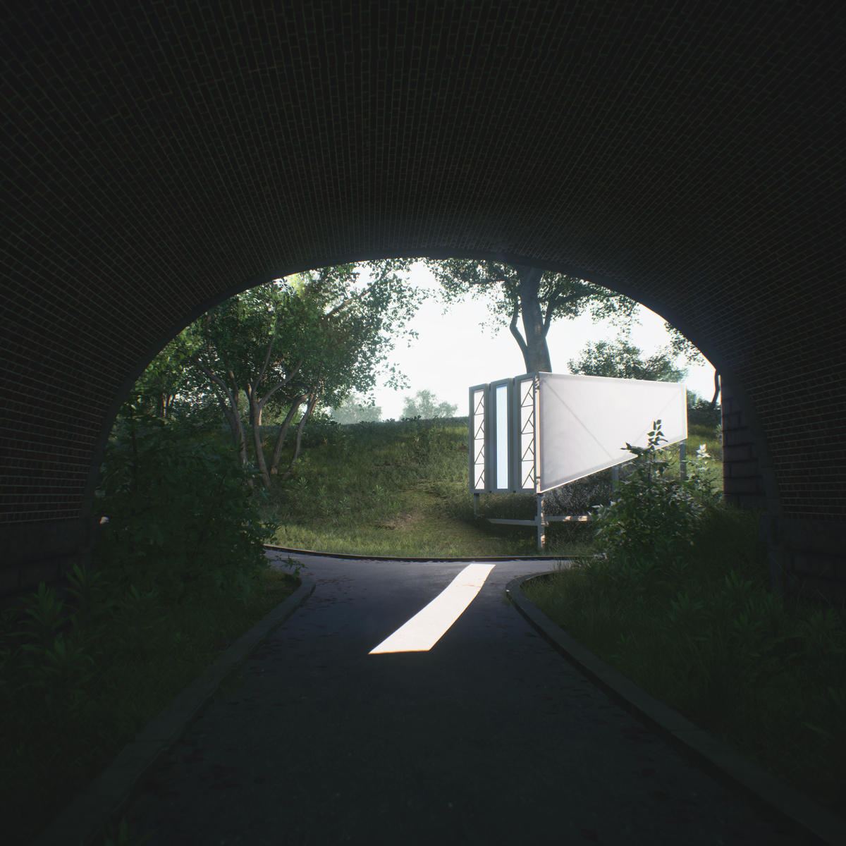 Virtual Atrium acts as a light at the end of the tunnel, extending its beam of sunlight into a dark transitional space. Visualised in Unreal Engine
