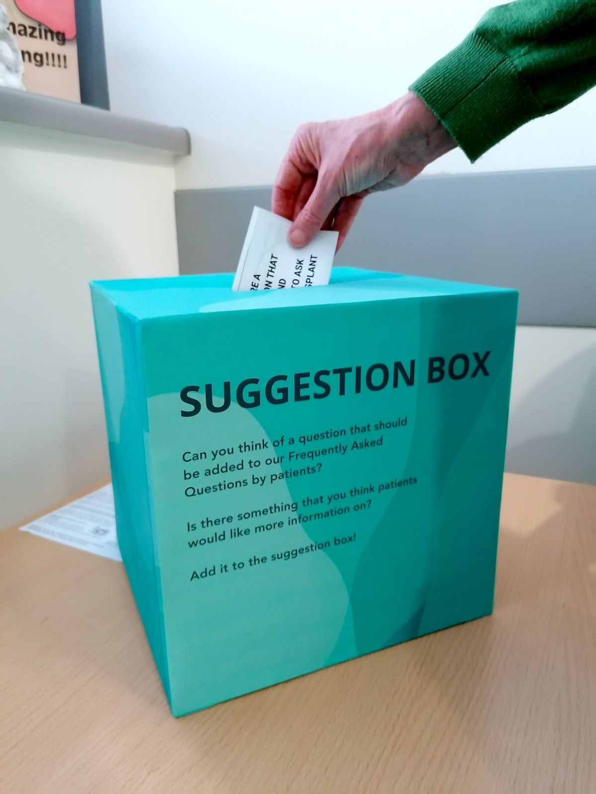 Suggestion box in the transplant clinic waiting room.