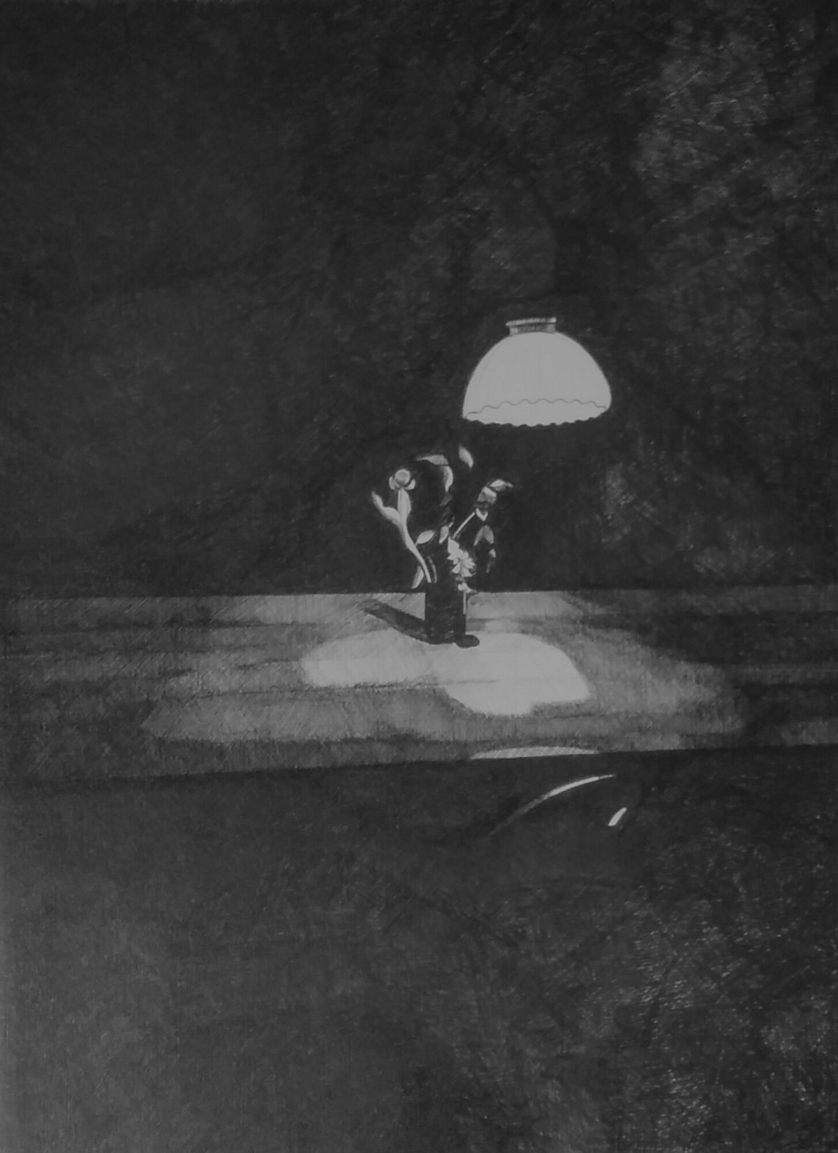 Jam jar of flowers on a rough wooden table in the Luncheonette, NCAD. Black biro on canvas textured paper, 420 x 210mm