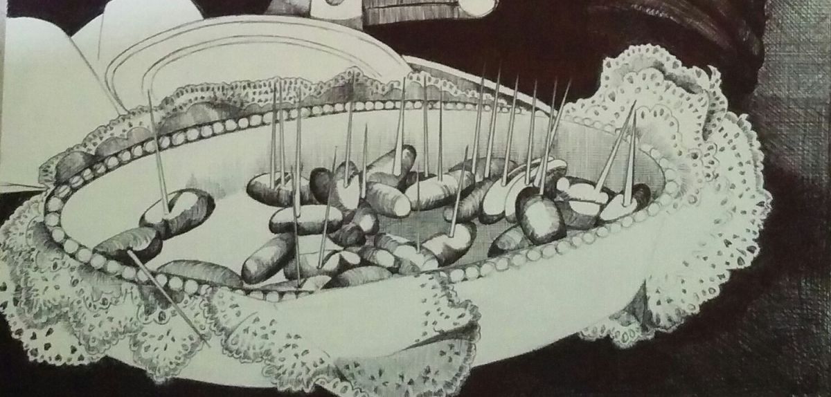 Cocktail sausages at a party reception in the Führerbau, NSDAP Buildings, Munich 1939. Black biro on canvas textured paper, 420 x 210mm