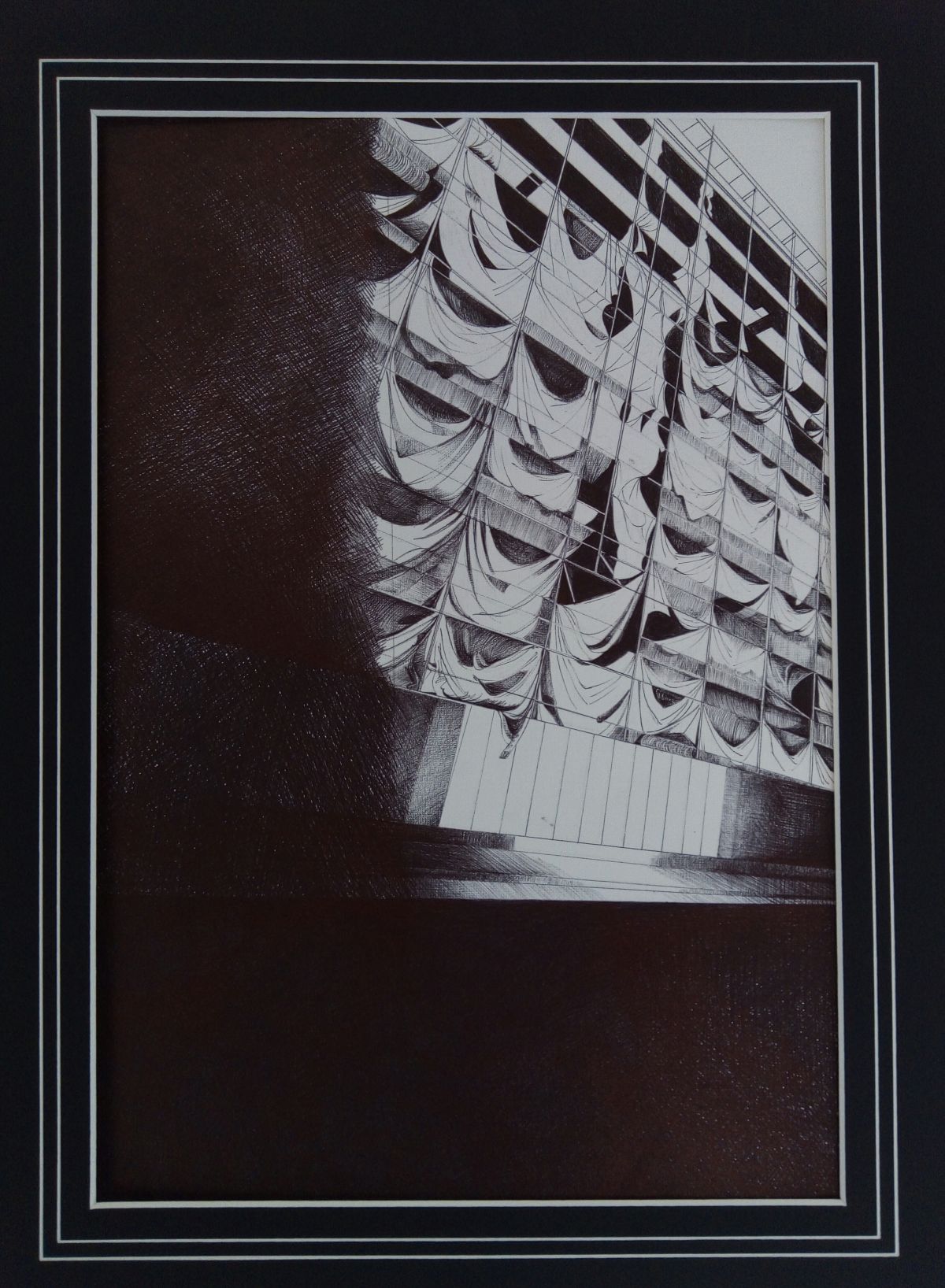 Derelict New Building. Black biro on canvas textured paper, 420 x 210mm