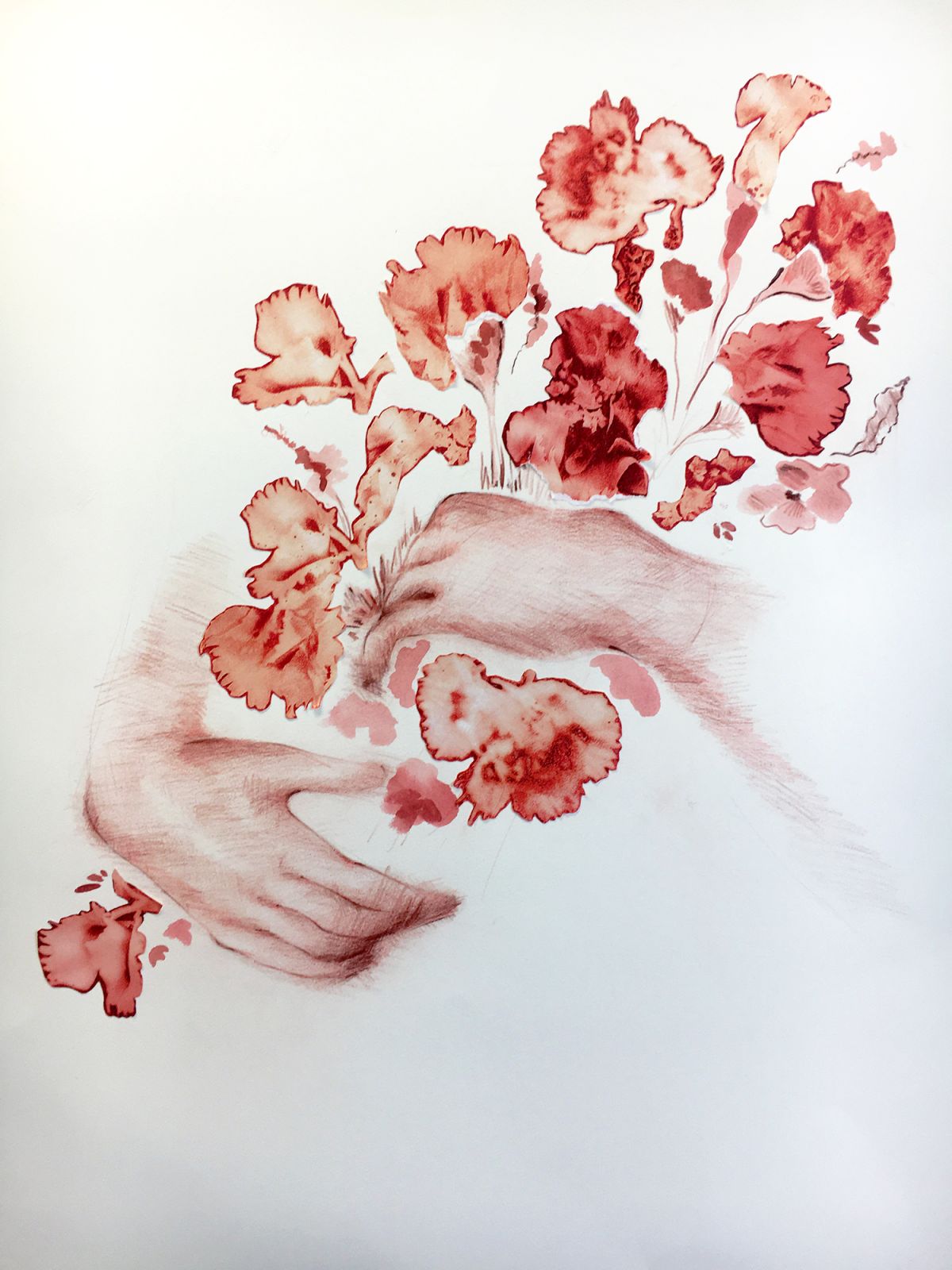 Hand Detail No.2. Collage, sanguine drawing, watercolour