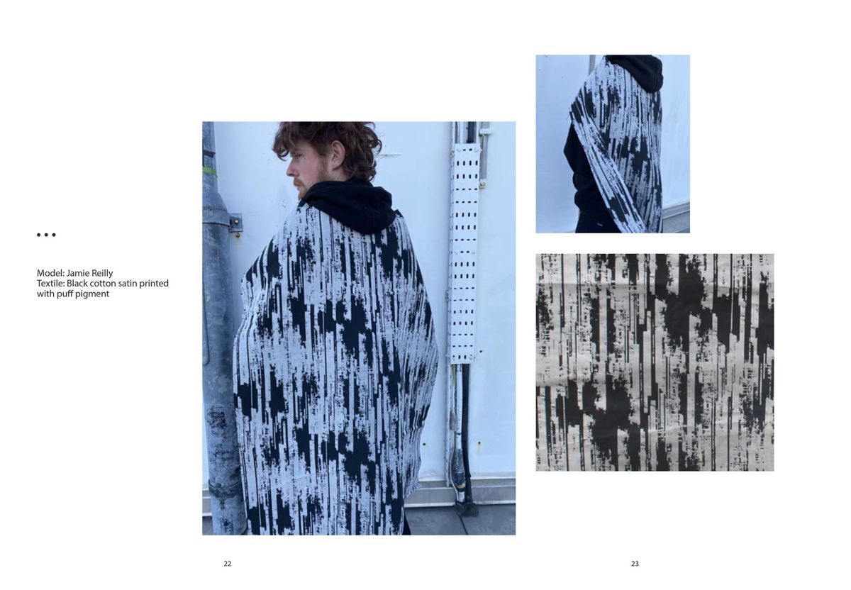Black cotton satin printed with puff pigment