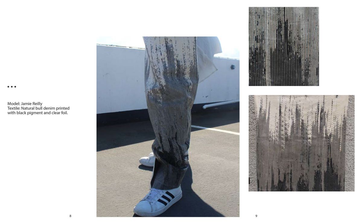 Natural heavy bull denim printed with black pigment and clear foil