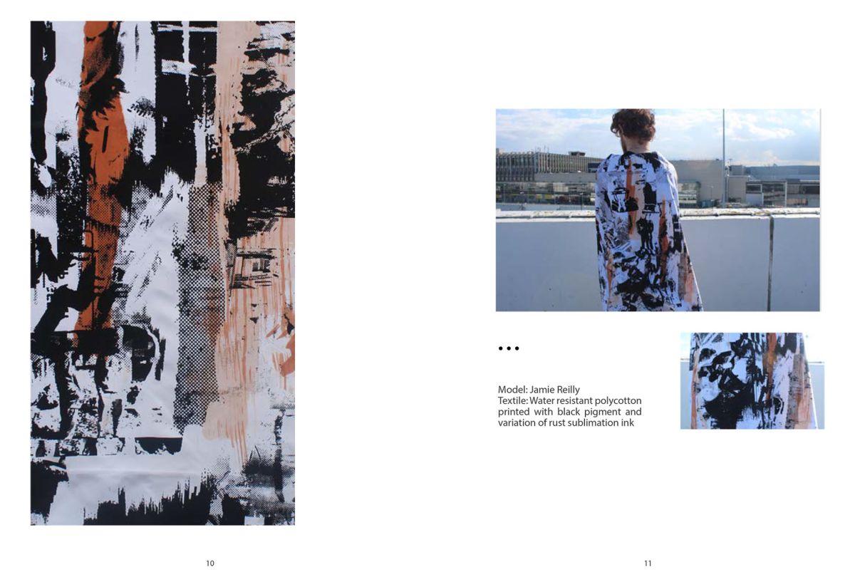 Water resistant poly cotton printed with hand painted heat transfer ink and black pigment