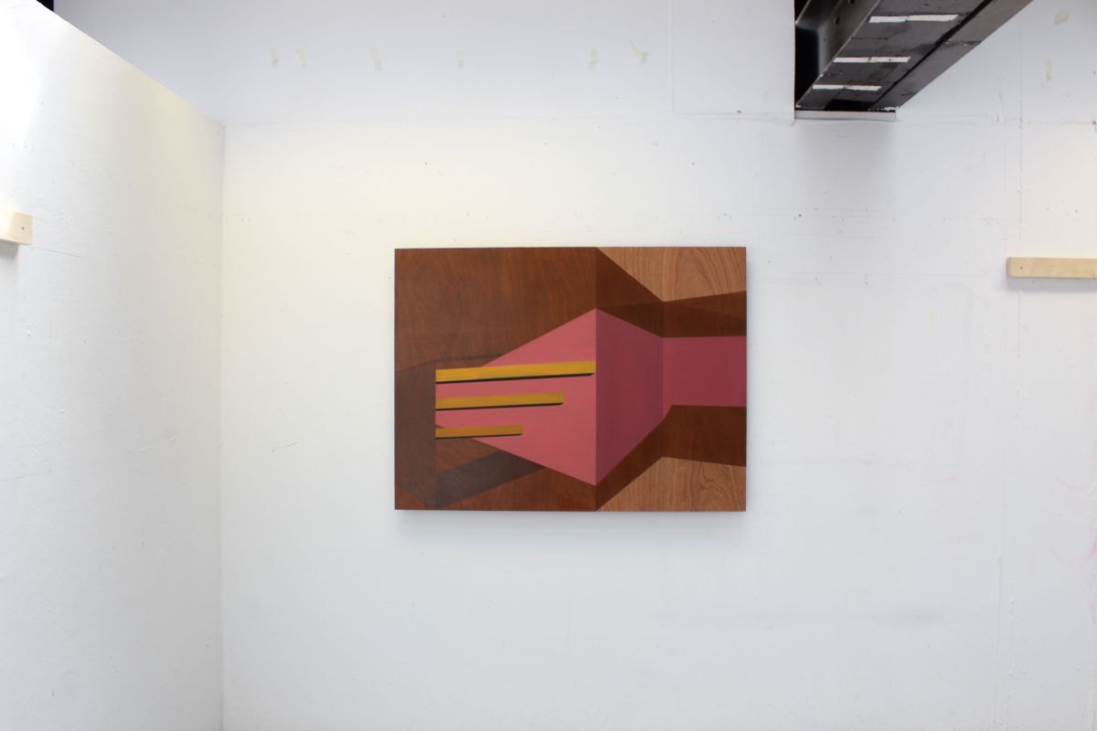 Orange Rafters, 2021. Oil paint and wood stain on plywood, 91.5 x 122cm