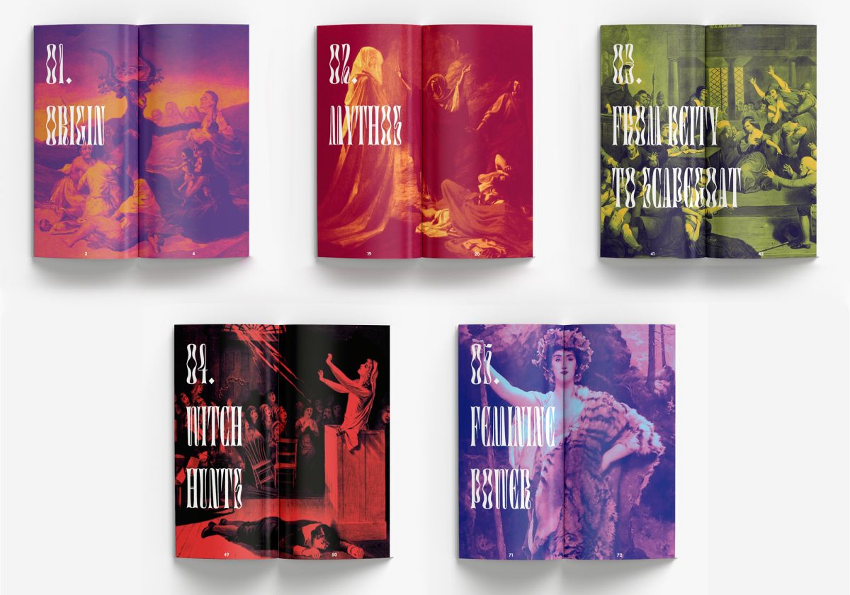 Each chapter in Understanding the Witch has its own unique colour scheme. The chapter pages here show the 5 different colour gradients applied to the imagery throughout the book