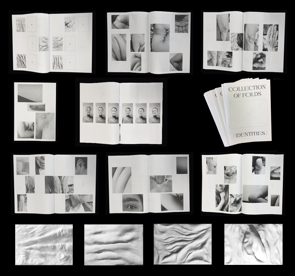 Collection of Folds / Identity – Publication (Compilation of images of folds, sculpted in clay and transformed into digital face filters). Can one become someone else by ‘wearing their folds’?