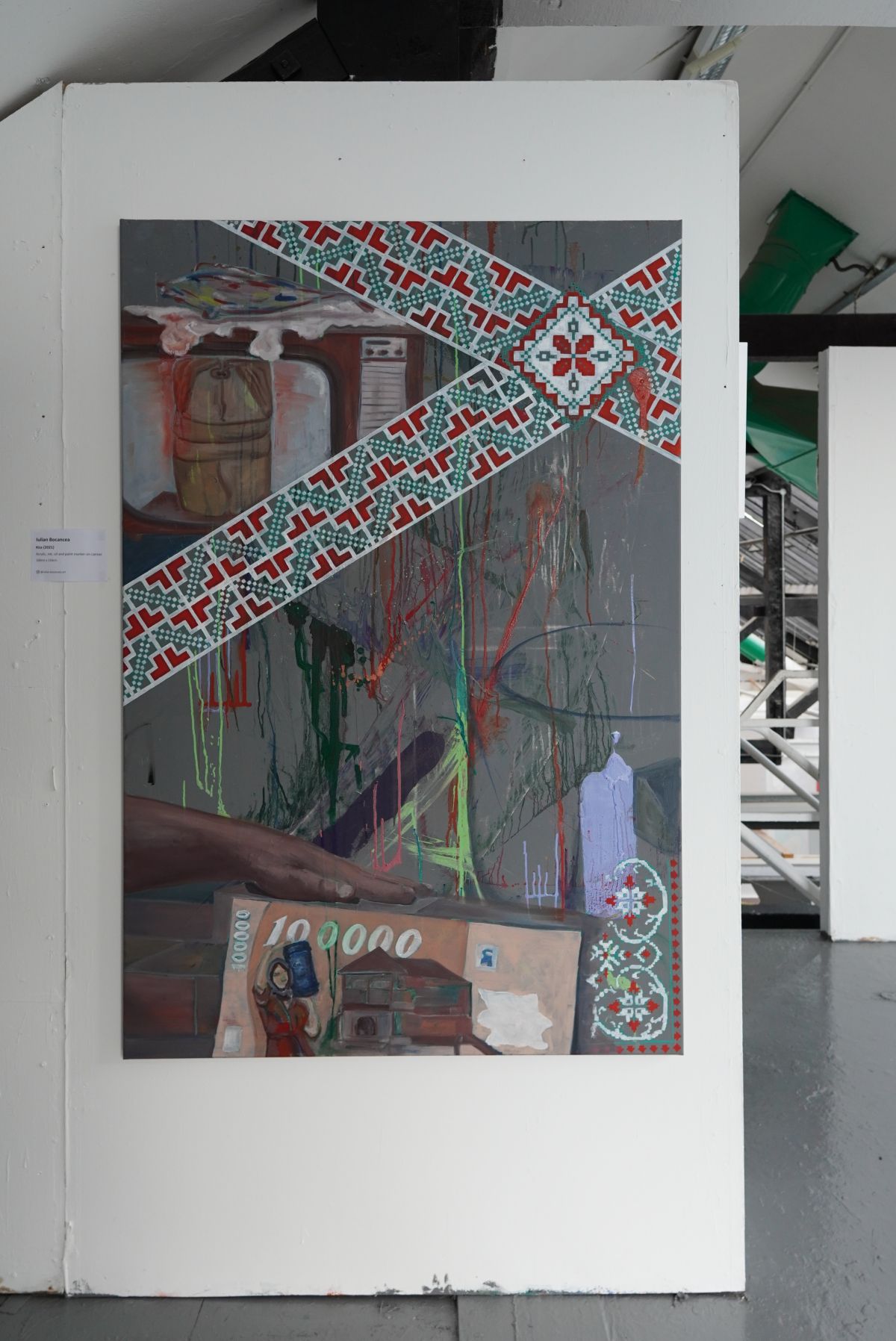 Kiss. Acrylic, tattoo ink, oil and paint marker on canvas, 100 x 150cm