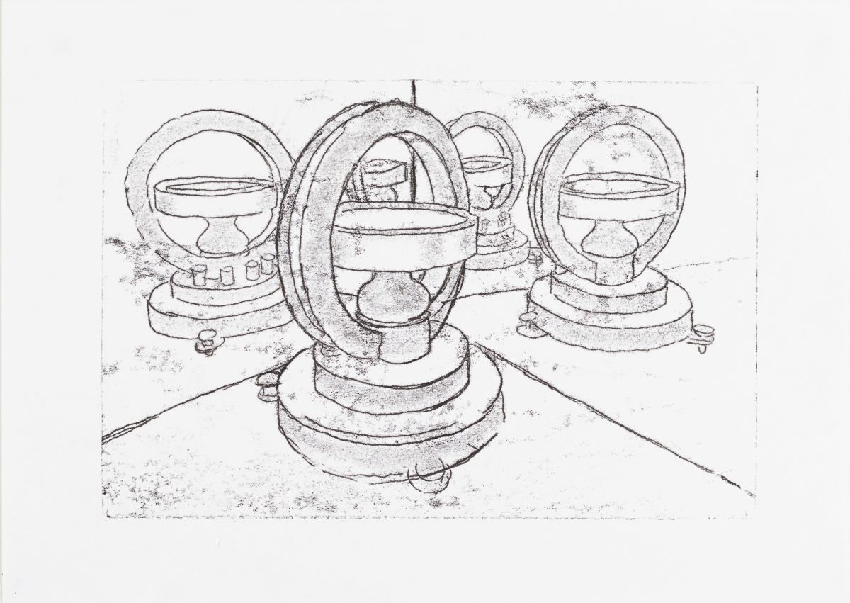 Monoprint – Old Lab Instruments. Ink on paper, 42 x 59cm