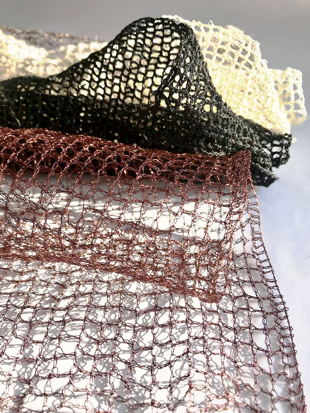 Copper, paper, silk/steel crochet selection