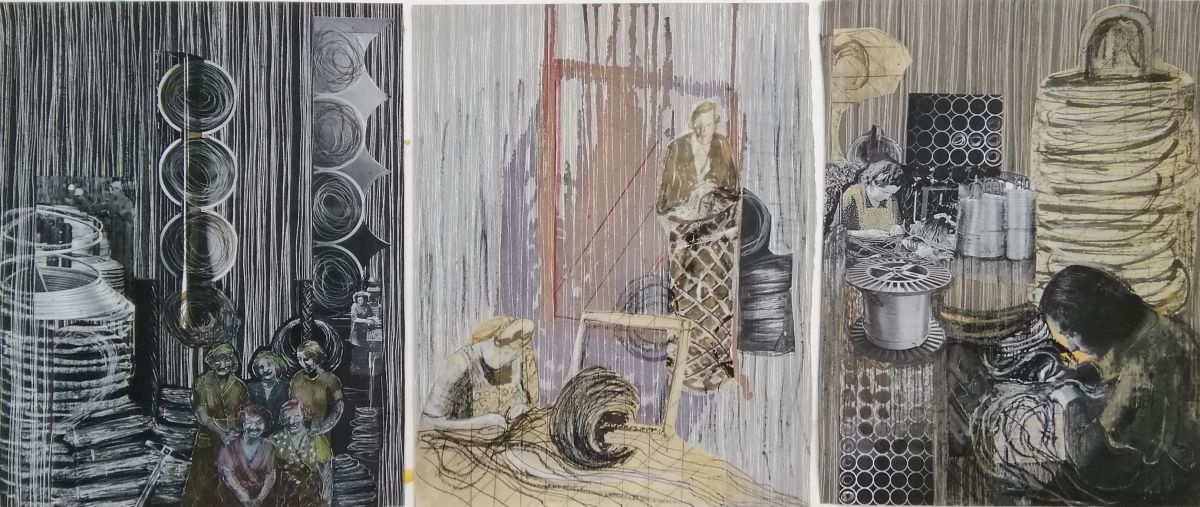 The Wire Factory A (triptych), 2021. Mixed media on wallpaper, 47 x 115cm (each 47 x 37cm)