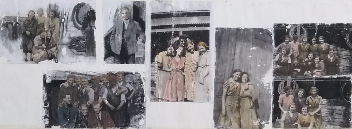 The Wire Factory Workers C, 2021. Mixed media on cartridge paper, 52 x 152cm