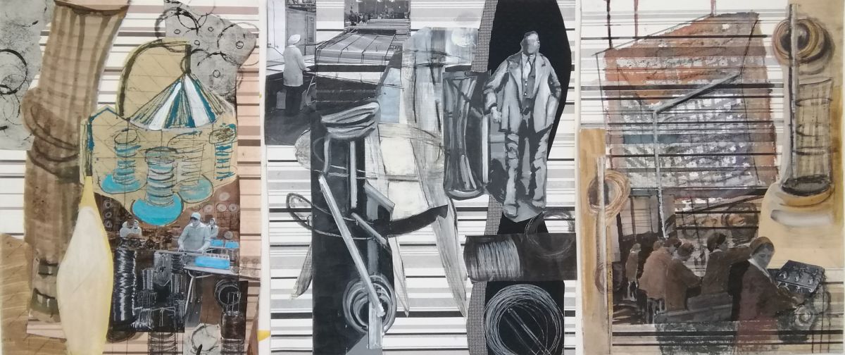 The Wire Factory B (triptych), 2021. Mixed media on wallpaper, 47 x 115cm (each 47 x 37cm)