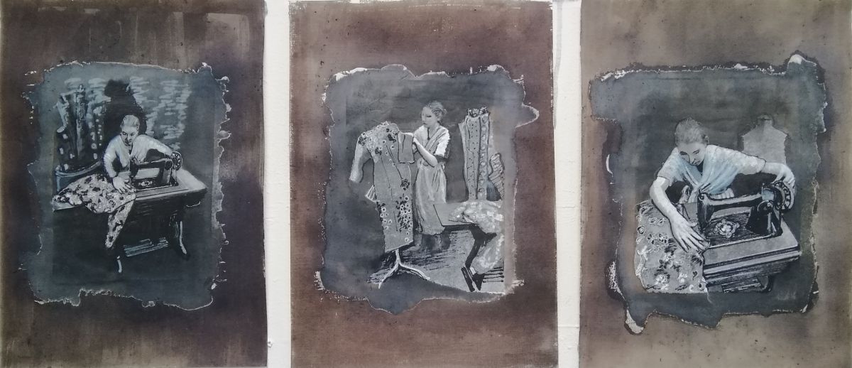 Seamstress A (triptych), 2021. Mixed media on paper, 90 x 21cm