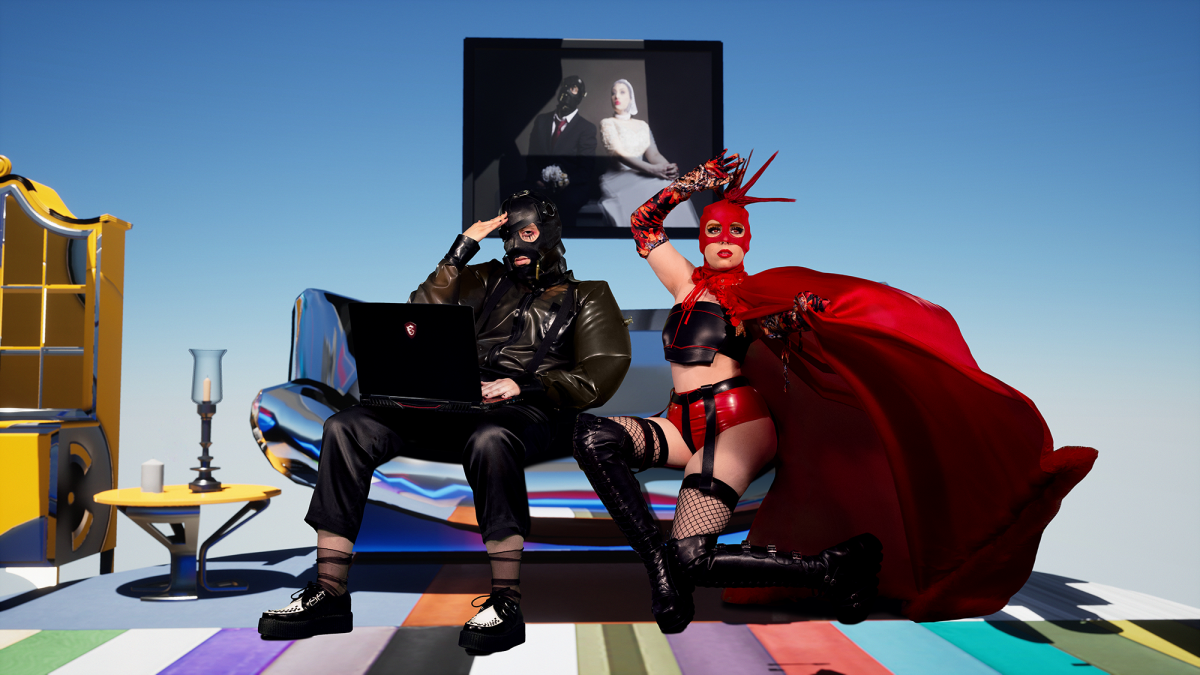 Act 2 Scene 1: Reality Ends!, 2021. Digital photographic self-portraits collaged with a 3D virtual living room made in Unreal Engine. Photo by Magda Kaczmarska