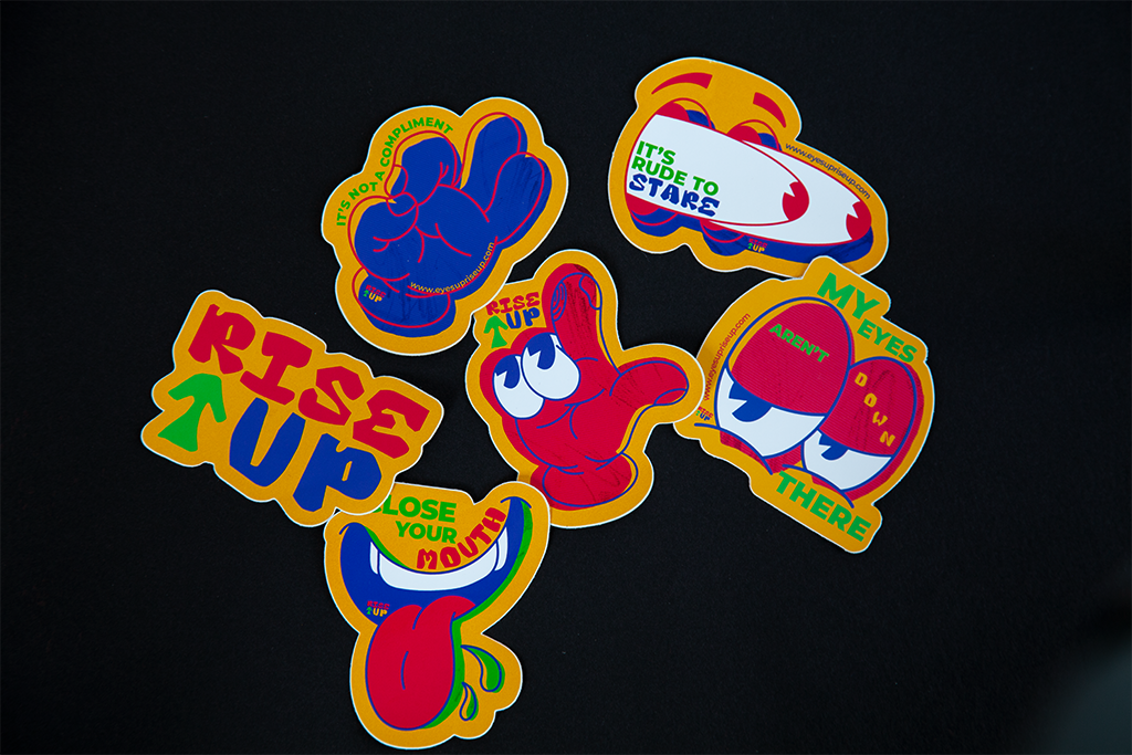 Collection of stickers that were designed to be stuck up in and around areas that sexual harassment typically or already has occurred