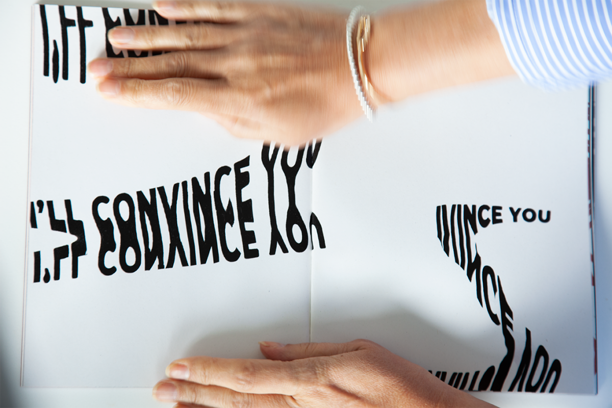 Double page spread of Illustrative text which features in the book. These pages are used to highlight the harmful language that we use and how it can have a negative impact on victims of sexual harassment