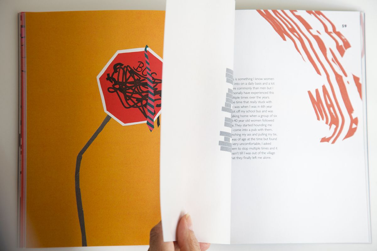 Double page spread from the book 'Words Have Weight'. The illustration is accompanied by the overlay pages which sit on top of the story itself