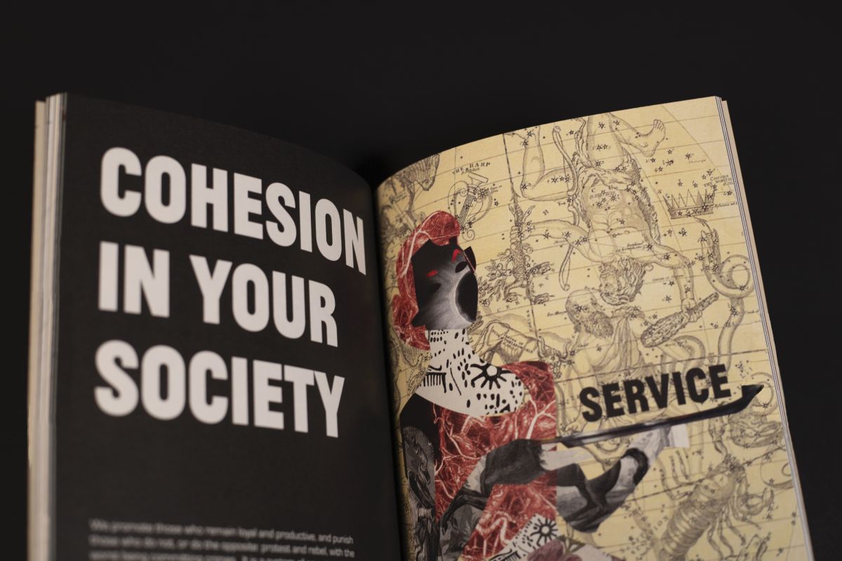 How can communication design explore survival mentalities in a space age? A manifesto for a spaceship showing citizens why they live collectivist lives. As the work evolved, it became relevant to implement and communicate their current system and values, and to do this using directive language