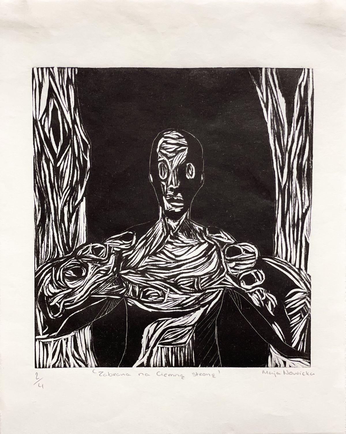 Zabrana na ciemną stronę. Woodcut on birch plywood printed on Japanese Washi paper