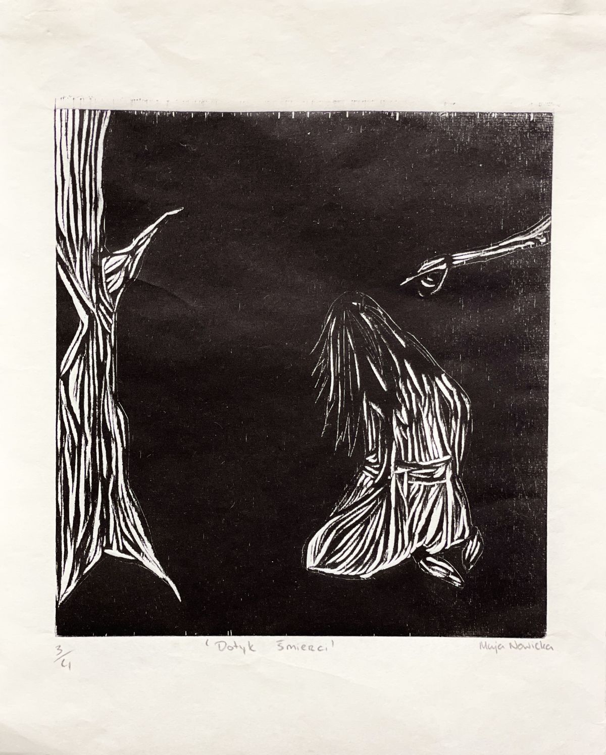 Dotyk śmierci. Woodcut on birch plywood printed on Japanese Washi paper