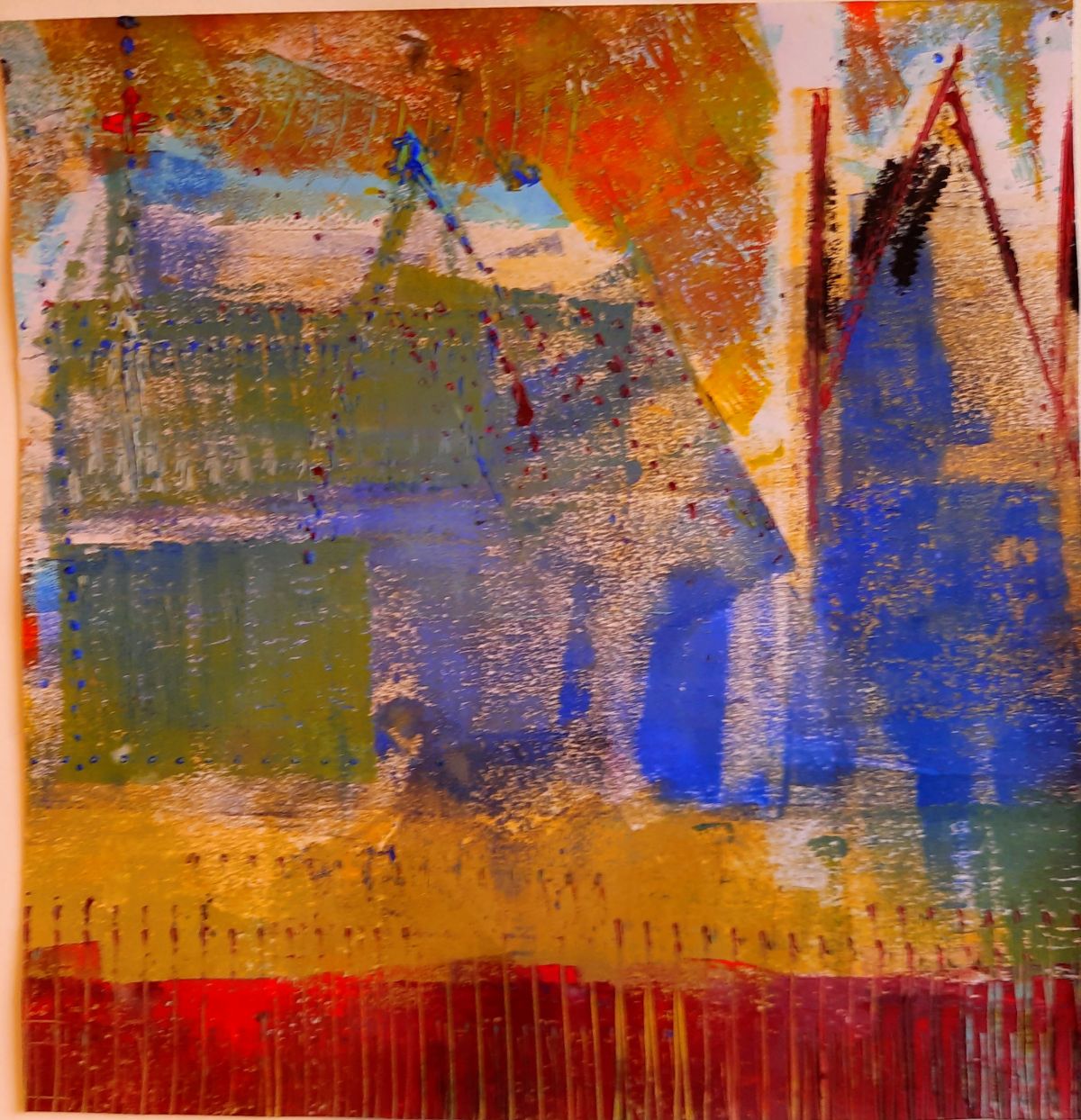 Christchurch. Mixed media, monoprint technique with experimental application of ink 25 x 25cm
