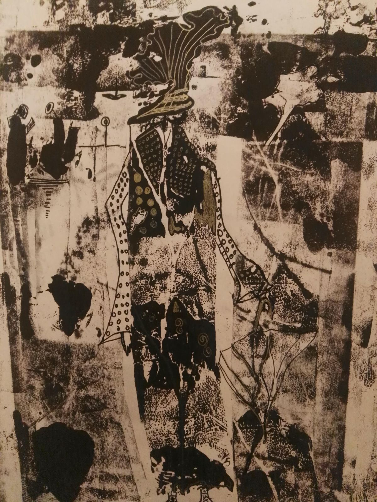 Lady. Mixed media, monoprint on card gold ink pen, 40 x 28cm