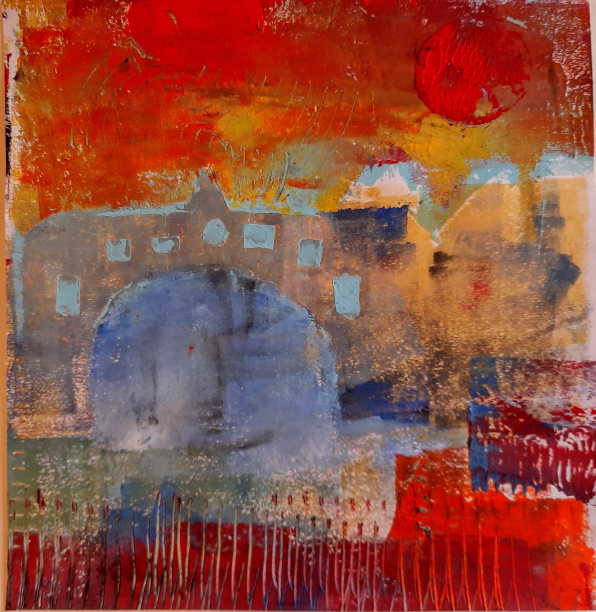 Christchurch. Mixed media, monoprint technique with experimental application of ink, 25 x 25cm