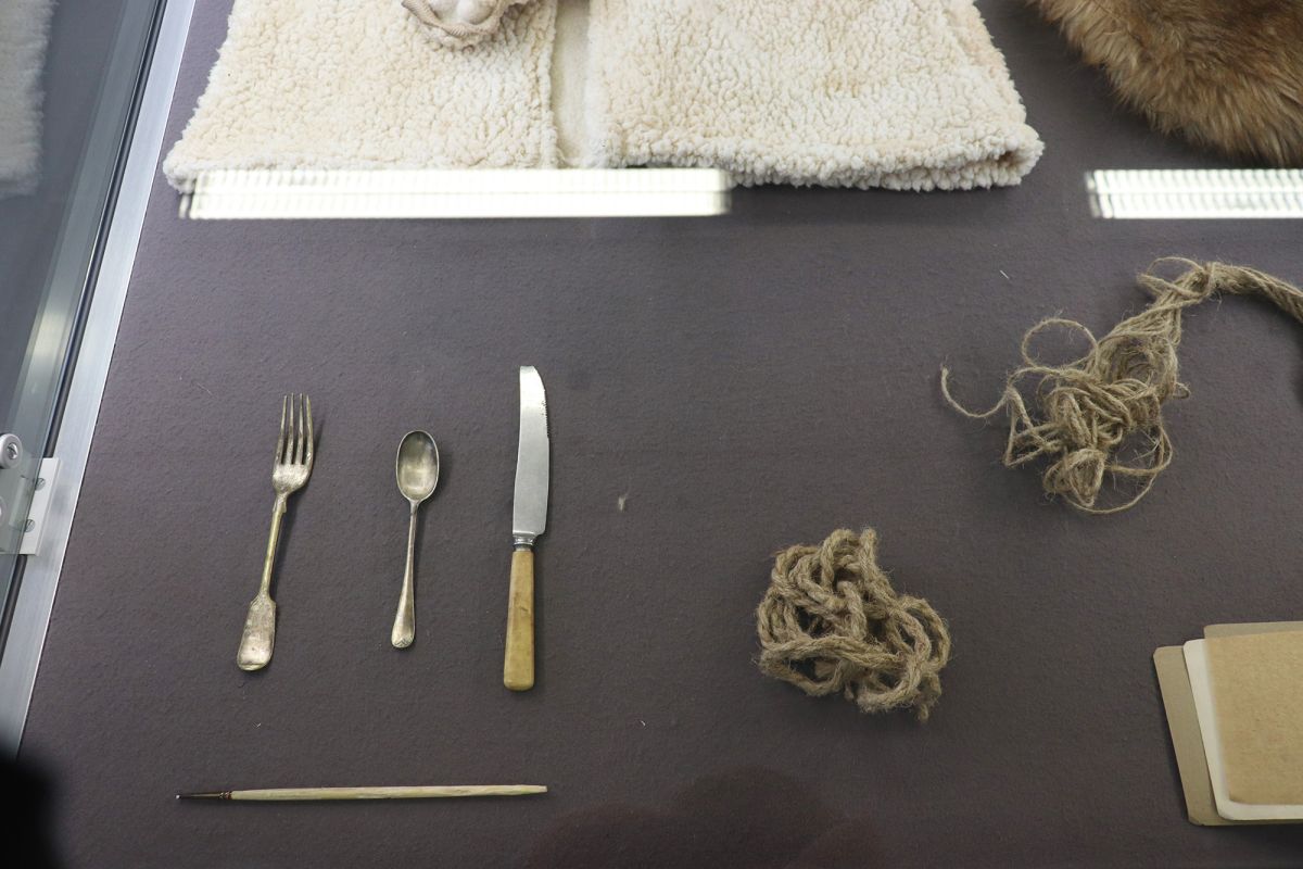 Close up on items in glass case