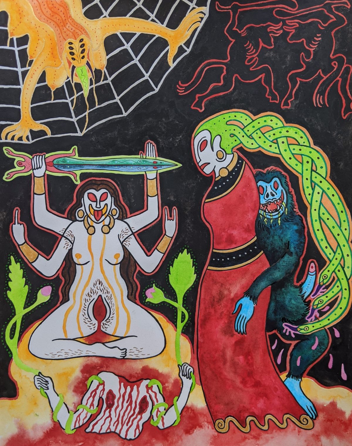 Fidelm Appears to Queen Medb. Ink and watercolour, 33 x 25cm