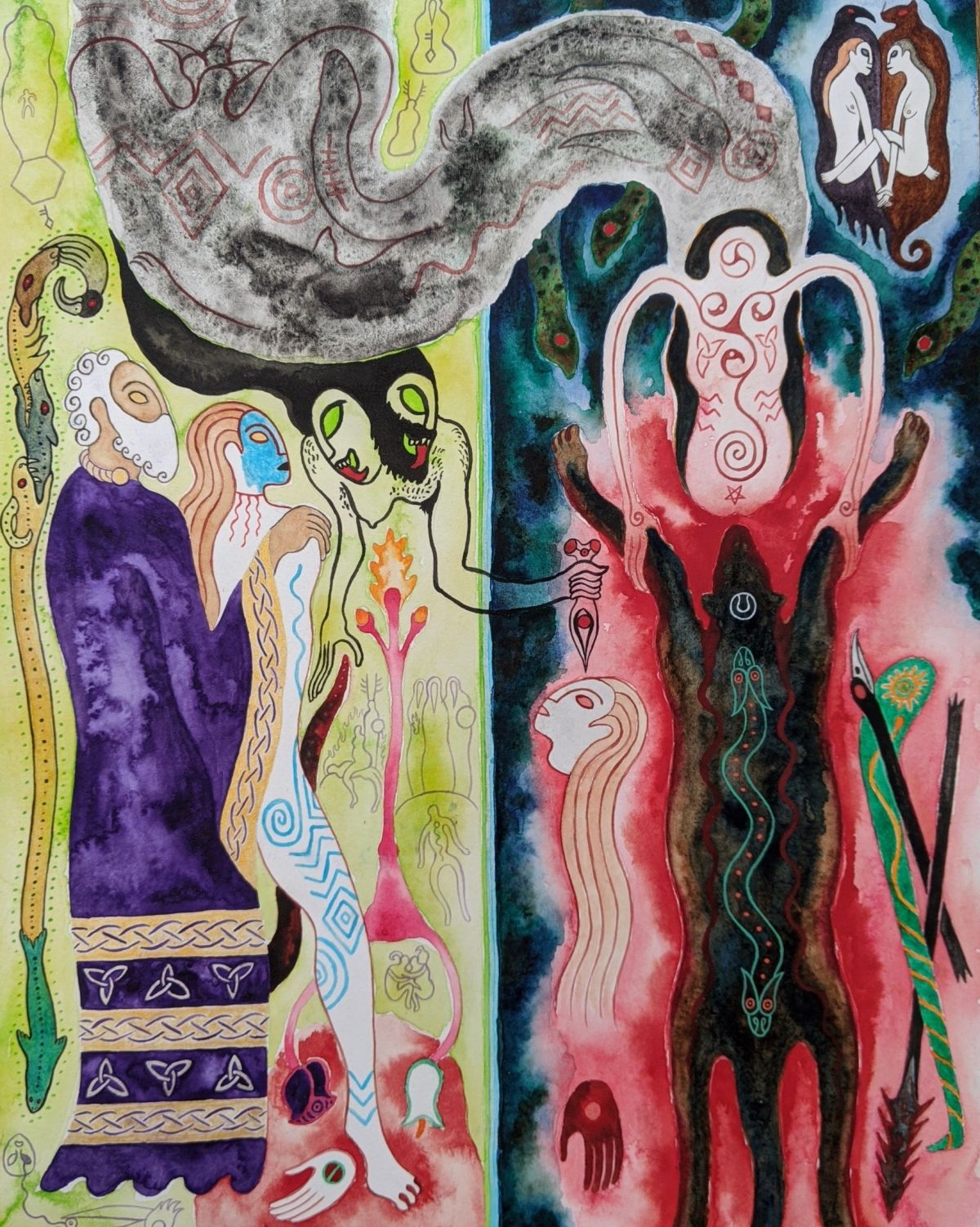 Cathbad and Cú Chulainn Meet de Morrigan. Ink and watercolour, 33 x 25cm