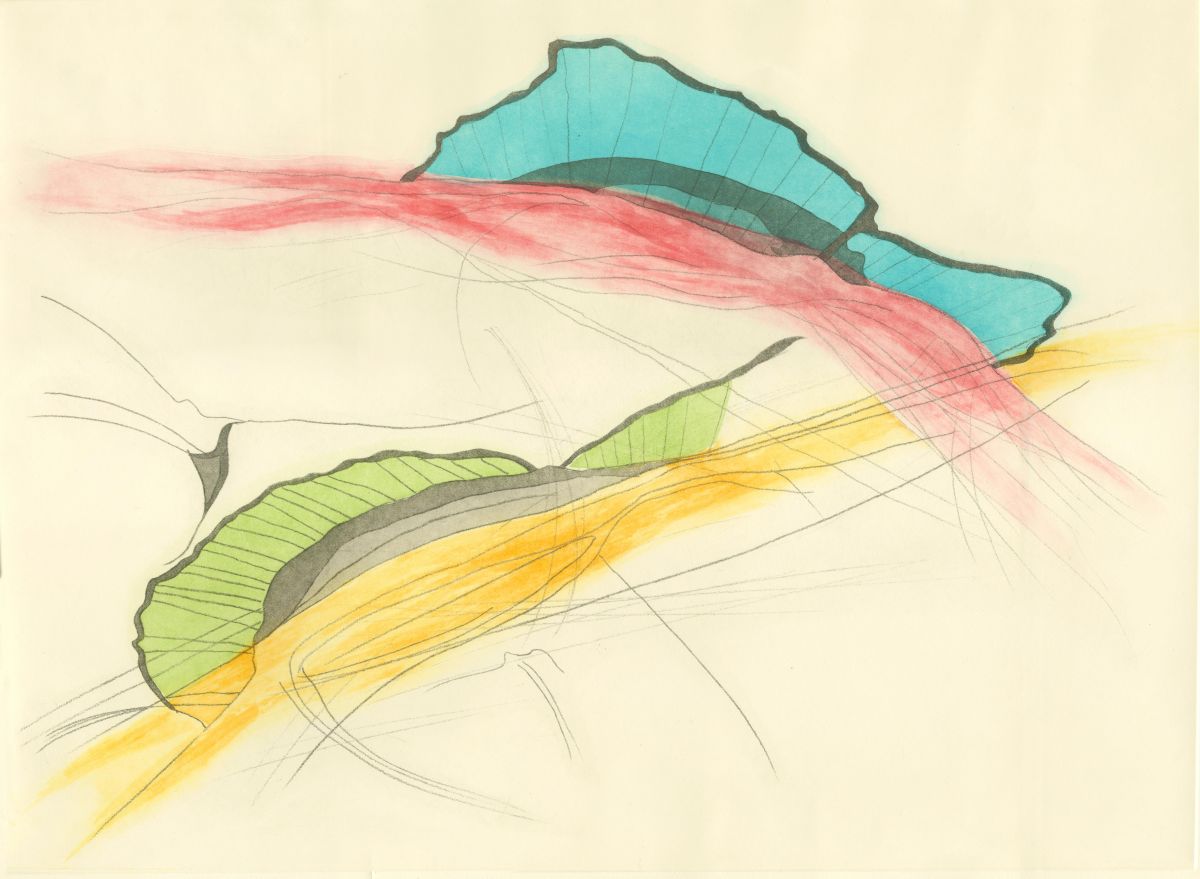 Refract by Two (colourised) 2021. Intaglio etching, spitbite and aquatint on Sommerset Paper