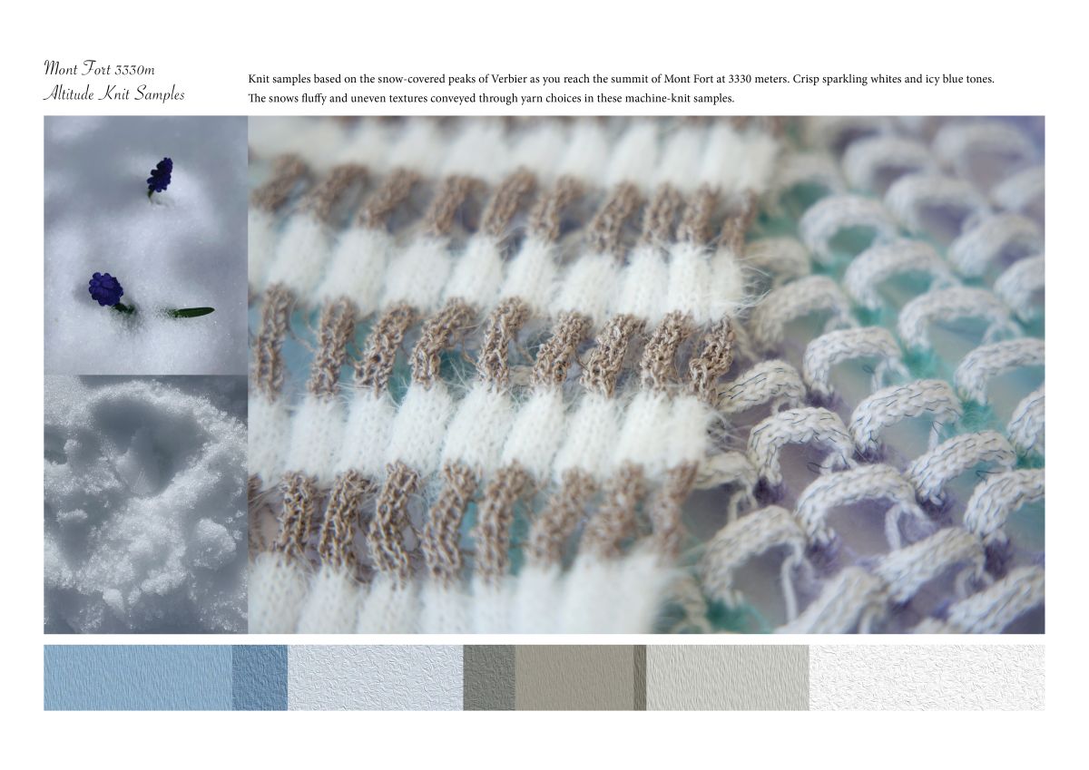 Mont Fort 3330m Altitude, knit samples, Deadstock natural and synthetic yarns