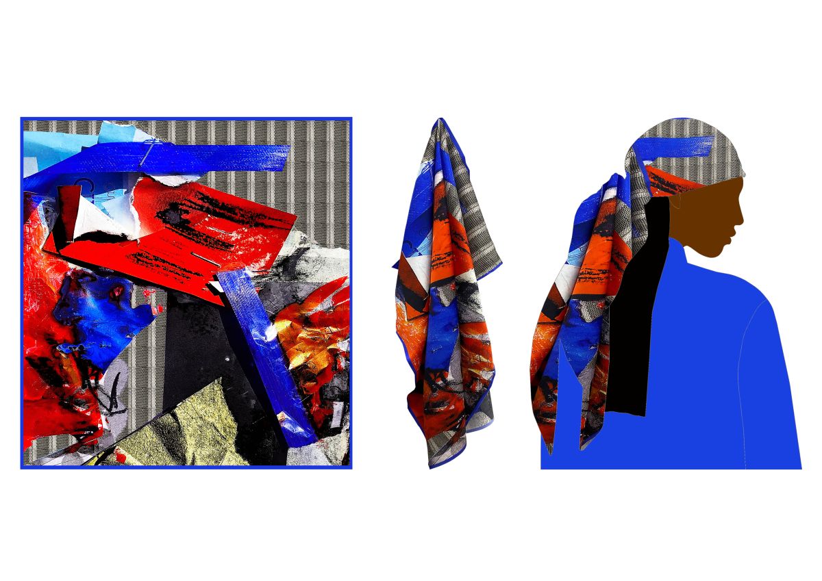 Perfection colliding with imperfection on silk satin 100 x 100cm scarf. This can be worn as a top, neck scarf or head scarf