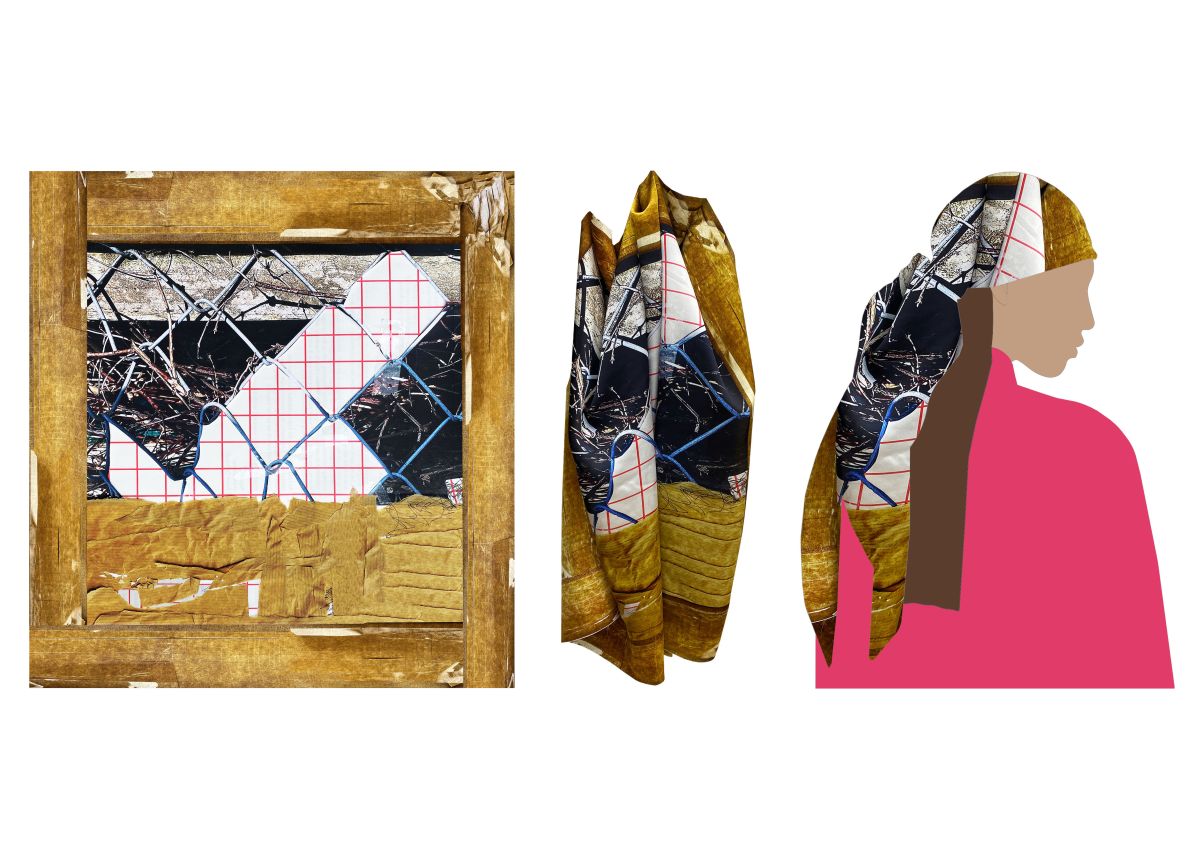 Perfection colliding with imperfection on silk satin 100 x 100cm scarf. This can be worn as a top, neck scarf or head scarf
