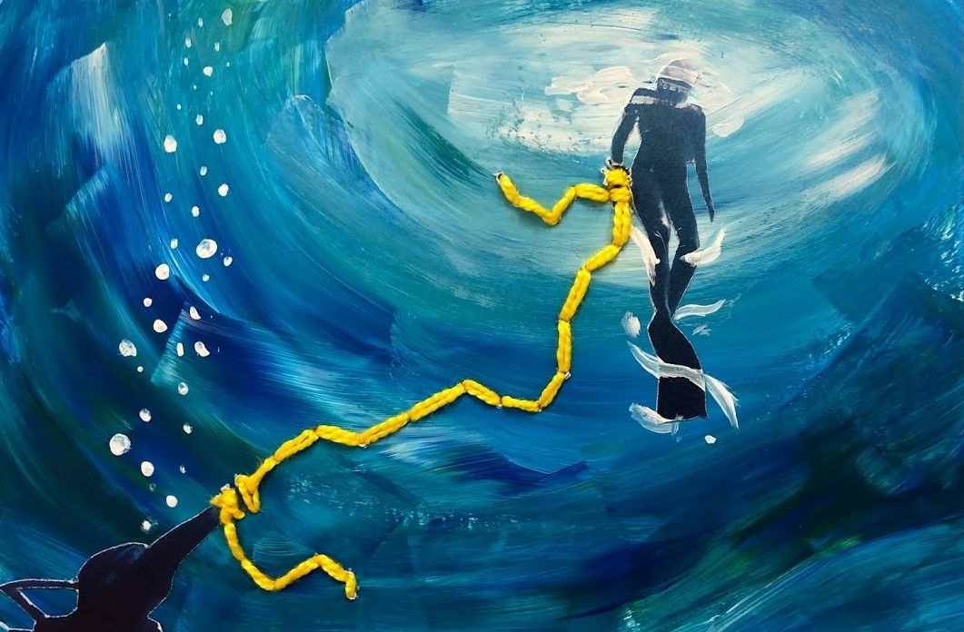 Buddy Line, 15cm x 10.cm. Mixed media collage, 15cm x 10.cm
